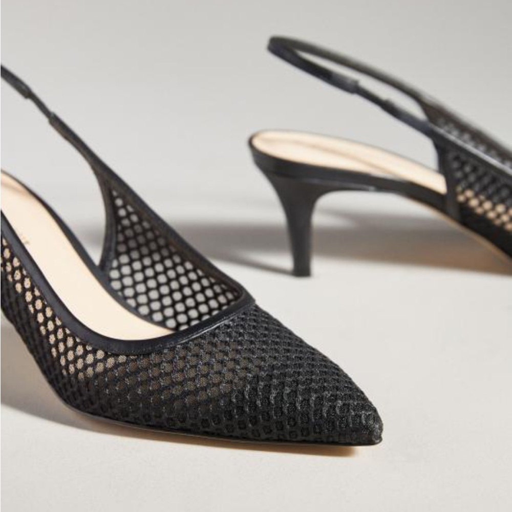 By Anthropologie Netted Slingback Black Mesh Point Toe Kitten Heels